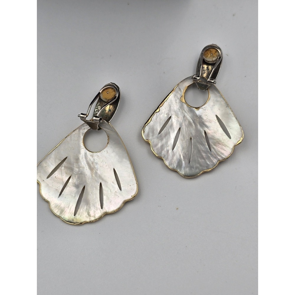 Elegant Mother of Pearl Fan Dangle Clip-On Earrings Gold &‎ Silver Tone Fashion - Picture 7 of 9